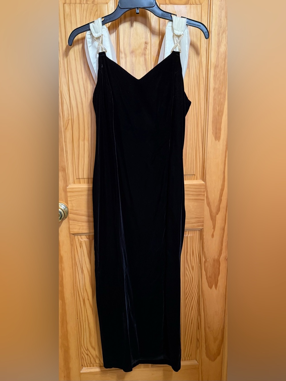 CDC Black Velvet Maxi Dress with Ivory Shoulder Straps